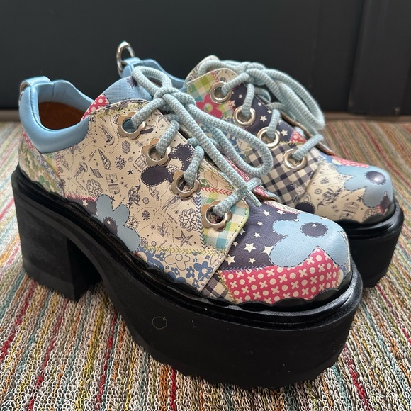 Fluevog NEW WO BOX Skyhigh F Fizzy blue/flowery leather platform lace-up shoe 10 - Picture 3 of 16